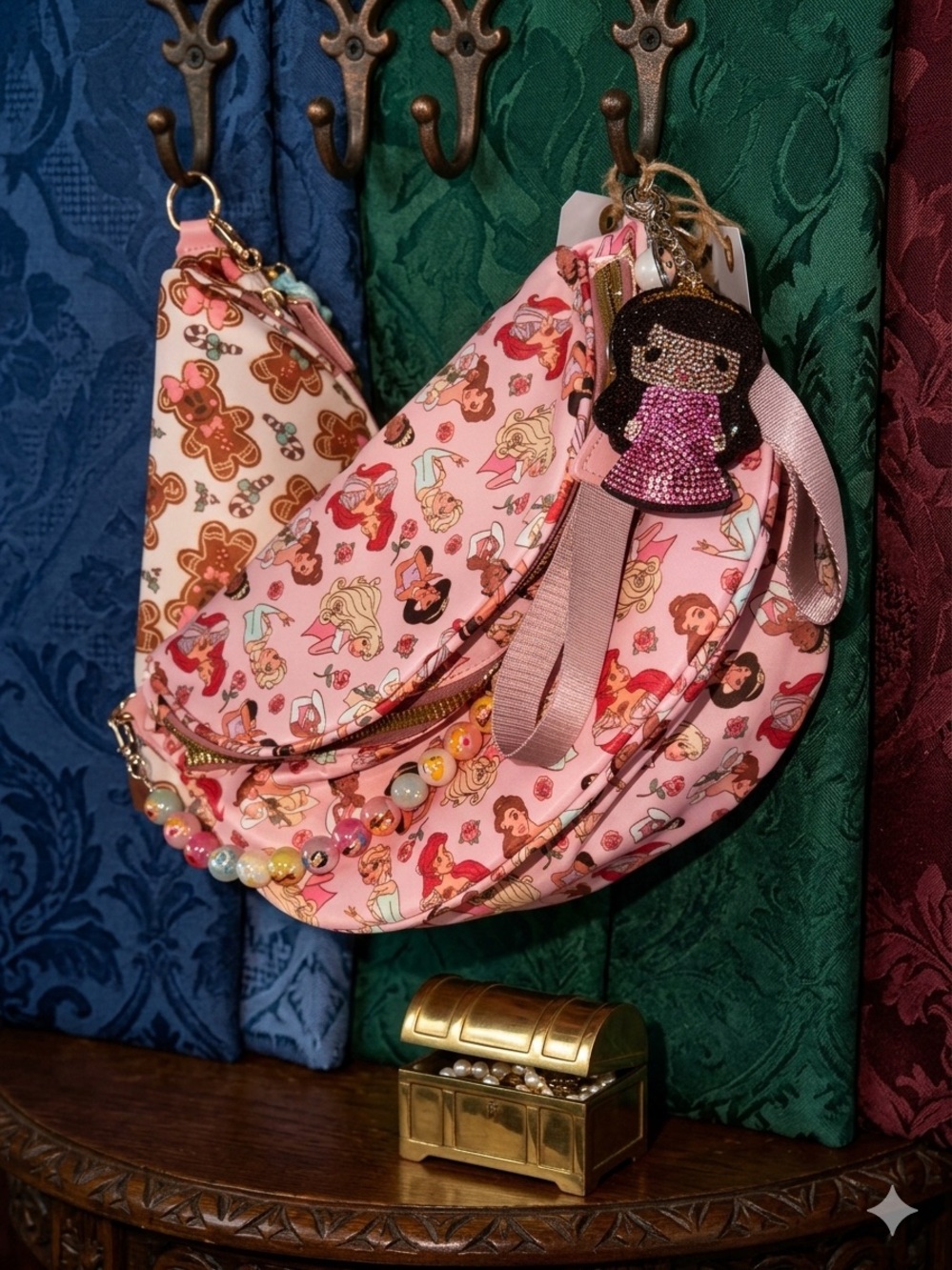 Pink Printed Crossbody Bag with Beaded Strap Bumbag